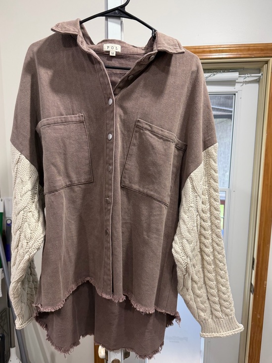 POL Sweaters - POL Two-Tone Button Front Shirt Jacket with Cable Knit Sleeves